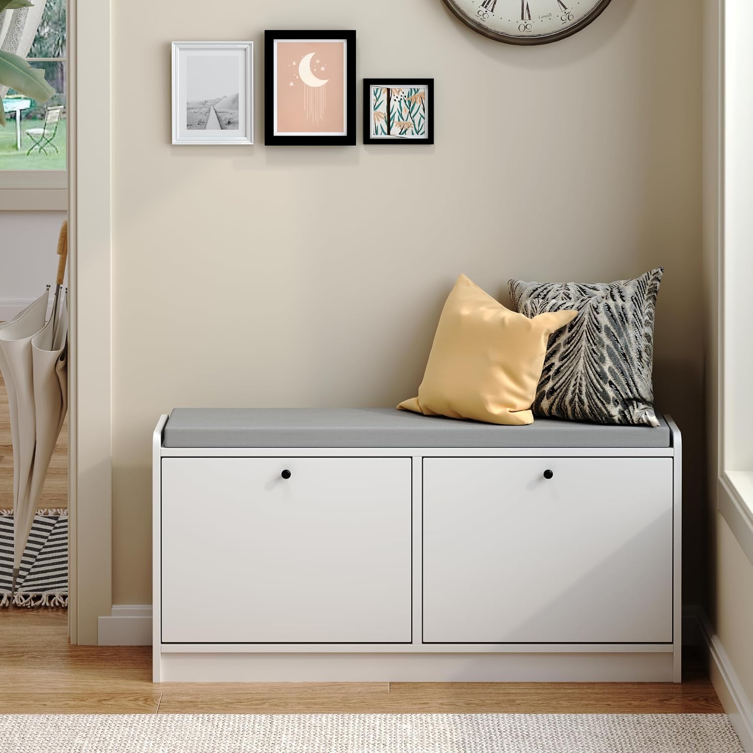 Modern White Teak Entryway Shoe Bench with Storage Cabinet, Bench Shoe Rack Organizer for Entrance, Hallway, Living Room, Bedroom