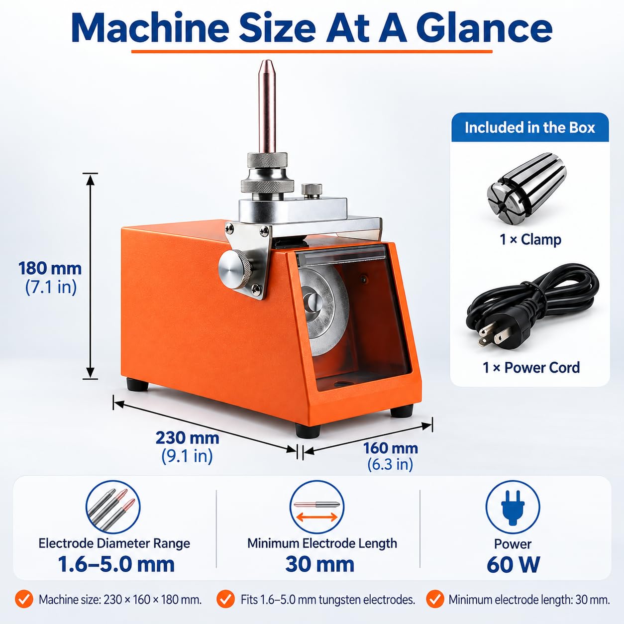 Affilatrice per elettrodi di tungsteno TIG, 1,6-5,0 mm, 0-60 gradi