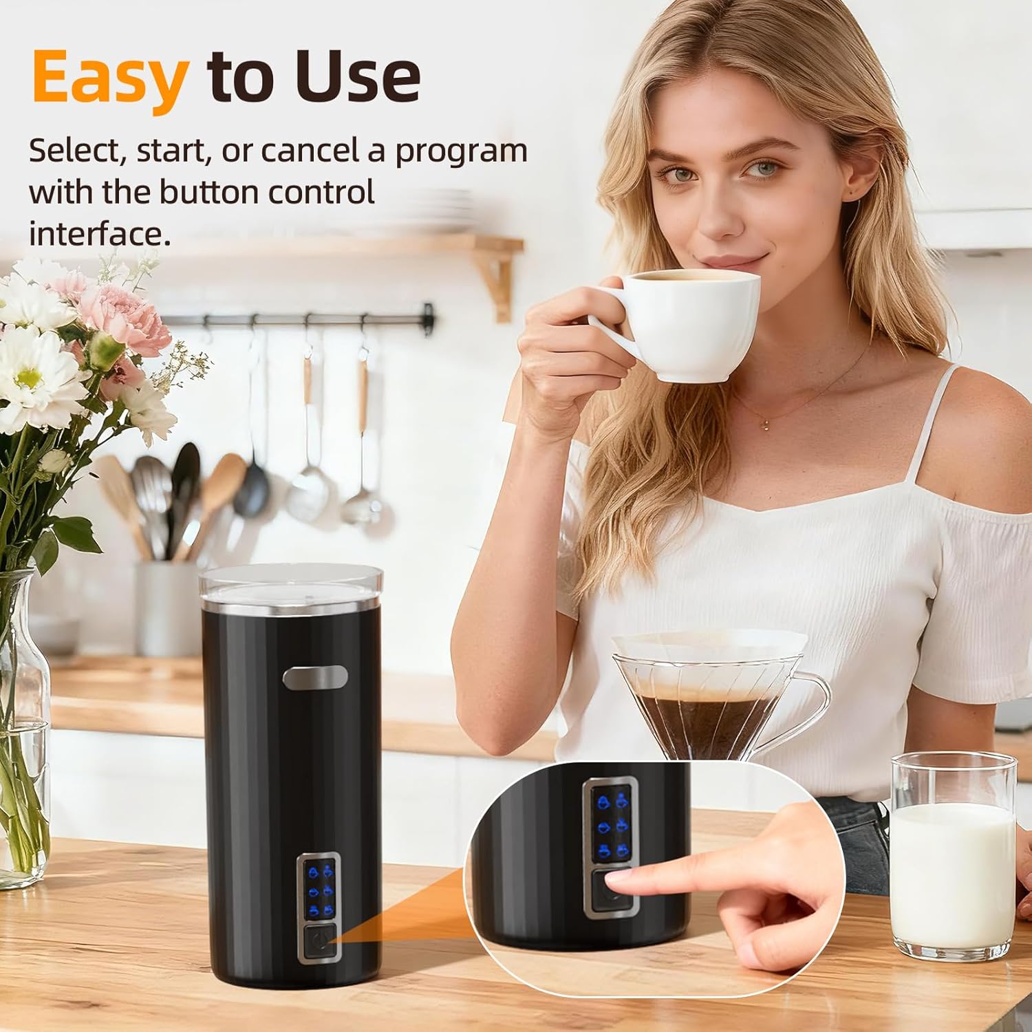 Milk Frother, 6-in-1 Electric Milk Steamer, 8.5oz/250ml Automatic Warm and Cold Foam Maker and Milk Warmer for Latte, Cappuccinos, Macchiato, From the Makers of Instant 400W, Black