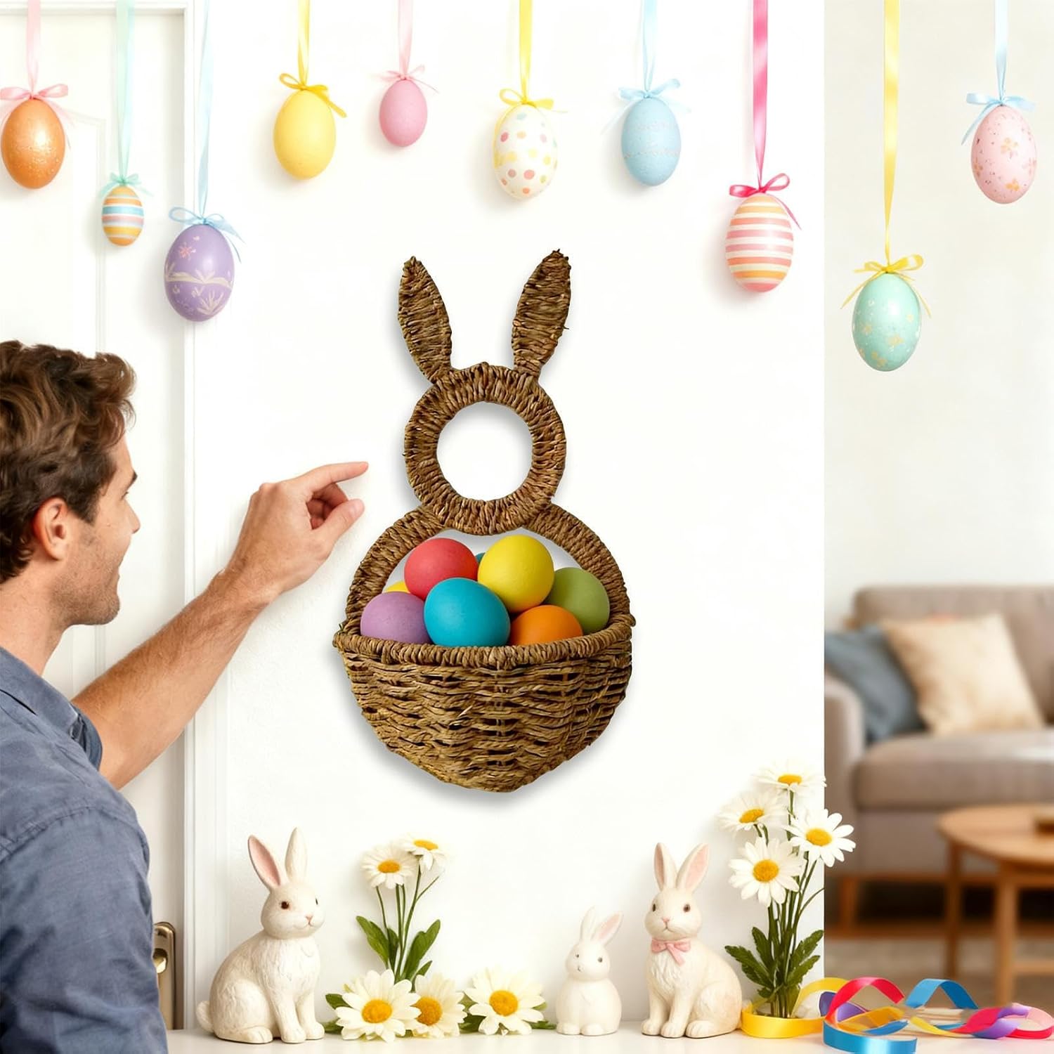 Bunny Easter Basket Spring Decor Wall Pocket | Decorative Basket With Ears for Home Farmhouse Indoor Outdoor Front Door Living Room Entryway
