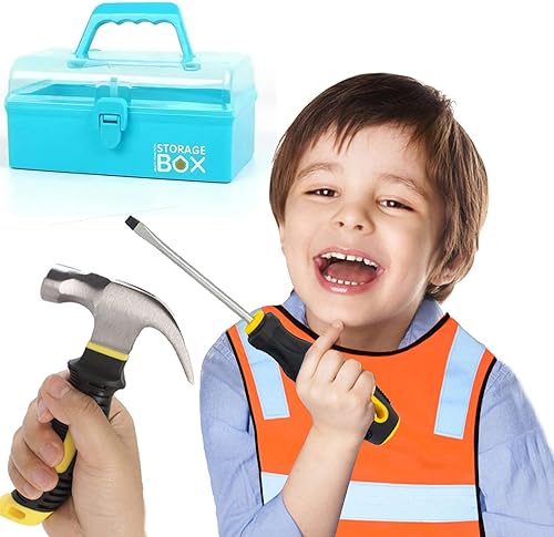 Miniatura 5 de Juego de herramientas de construcción para niños, 20 piezas, con caja de herramientas azul y ropa protectora, juego de herramientas de carpintería