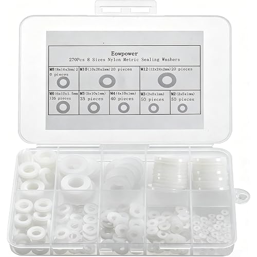270 Pieces 8 Sizes Nylon Metric Sealing Washers Assortment Set | for Mechanical and Electrical Use M2 M3 M4 M5 M6 M8 M10 M12 Screw and Bolt, Nylon PA66 Insulating