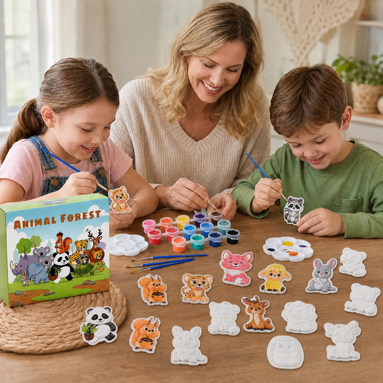 Nomumv Kit de pintura de cerámica de bosque de animales, juego de arte y manualidades para niños y adultos, figuras de animales de bisque listas para pintar con pinturas, pinceles y paletas