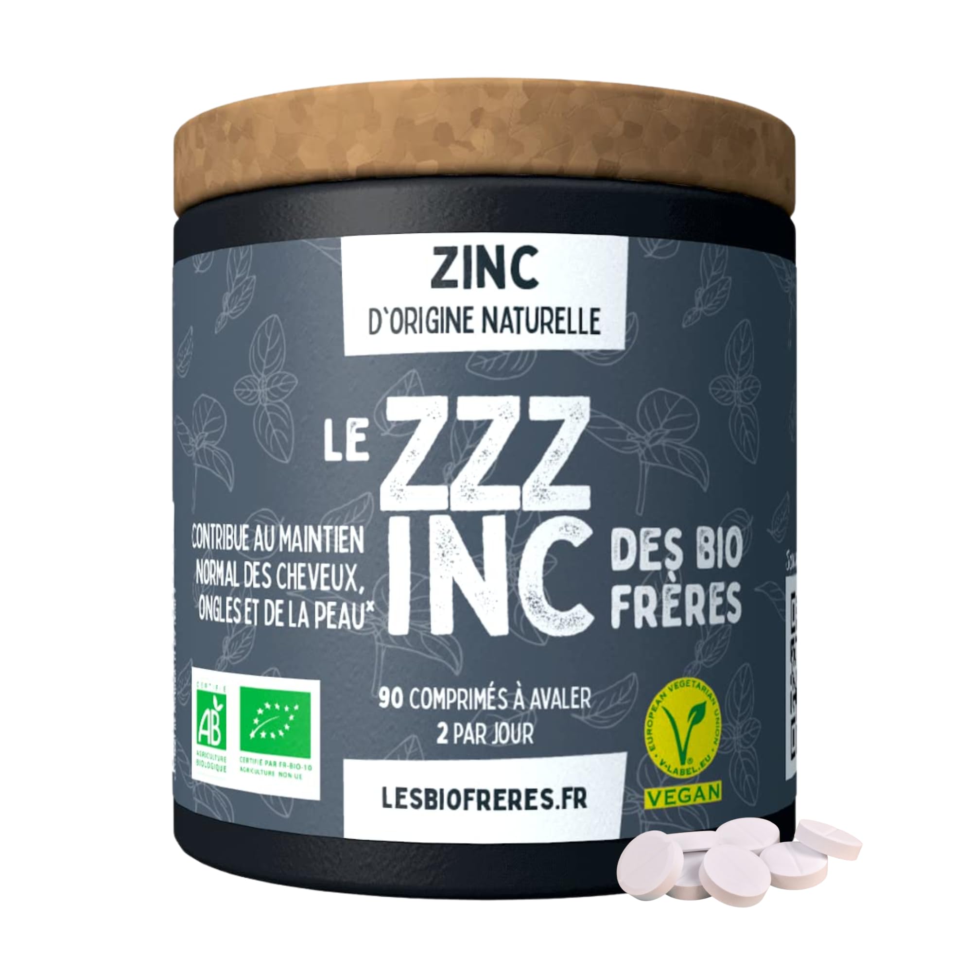Les Bio Frères - Zinc Bio Vegan 7,​5 mg - Soutien Immunité et Peau - Antioxydant Naturel - Cheveux et Ongles - 120 Comprimés - Cure Longue Durée - Formule Douce Fabriquée en France