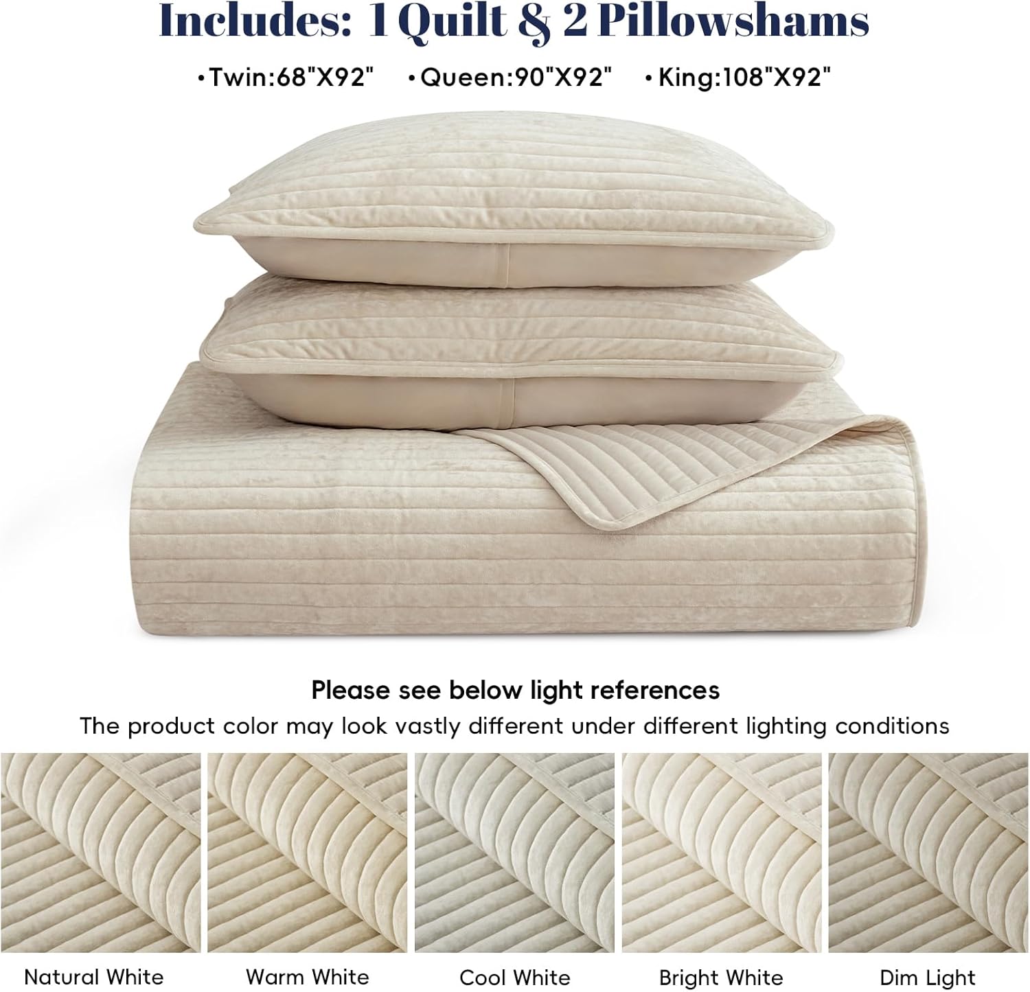 PHF Luxury Velvet Quilt Set King Size – 3PCS Ultra Soft Quilted Comforter Alternative with Striped Channel, Cozy Quilted Bedspread, 1 Coverlet with 2 Matching Shams, 108" x 92", Sand - Image 6