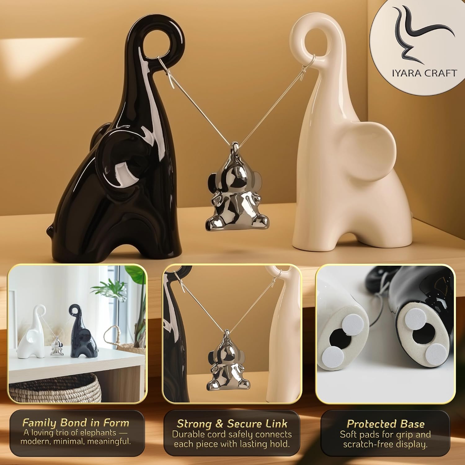 Modern Ceramic Elephant Family Figurines Set - Black and White Parent Elephants Holding Baby Swing - Minimalist Animal Sculpture Home Decor, Shelf Display, Gifts for Family, Living Room Accent