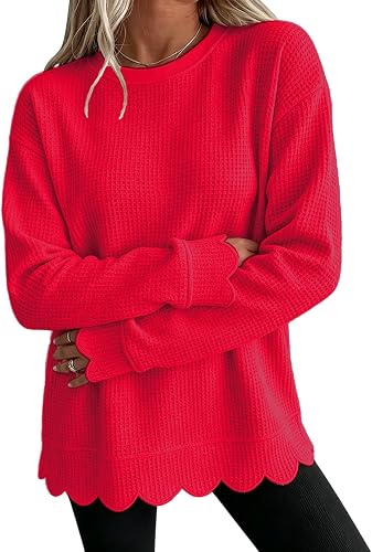 Scalloped Tops for Women Waffle Crewneck Long Sleeve Scalloped Sweatshirt