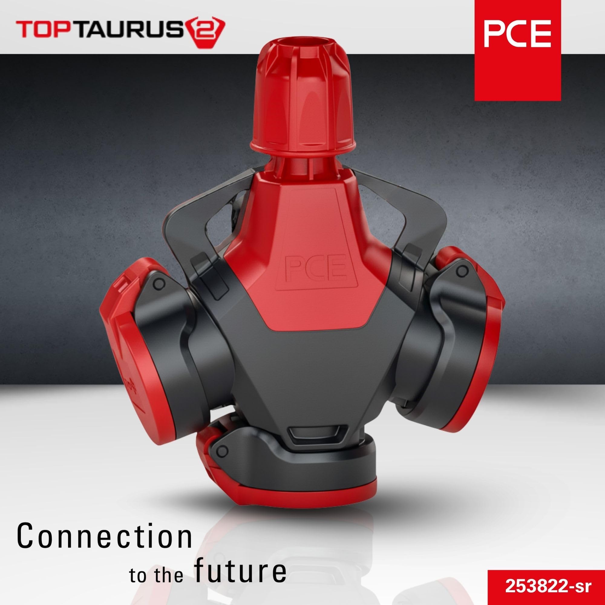 PCE 253822-sr TopTaurus2 3-Wegekupplung Vollgummi IP54 Schutzkontakt | Robustes Gehäuse mit Klappdeckel für Baustelle & Outdoor, TPE-Kontaktträger, VDE-geprüft, Schutzart IP54, Farbe Rot