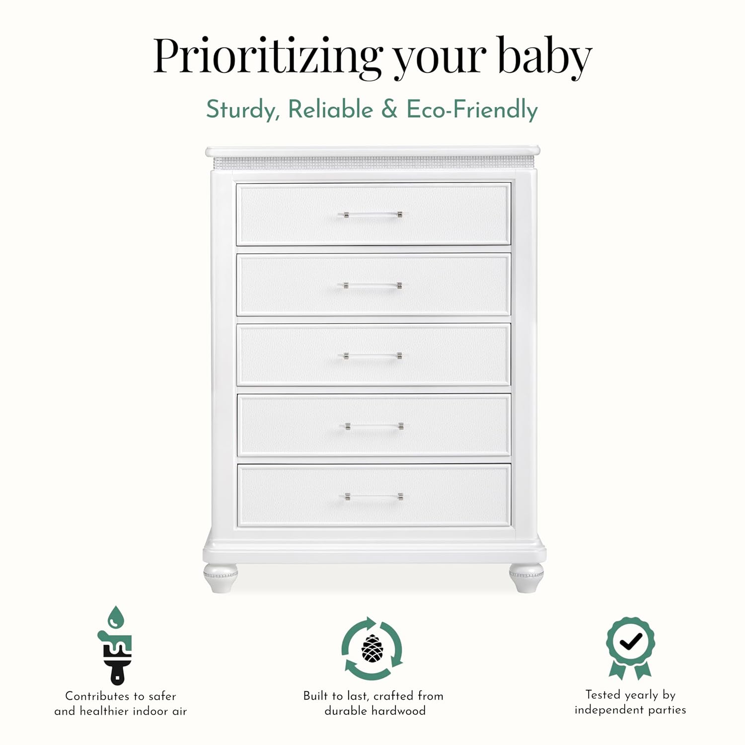 Evolur Nova 5-Drawer Tall Chest – Solid Wood Nursery Dresser in Shimmering Stardust Finish, Velvet-Lined Soft-Close Drawers & Acrylic Pulls, Space-Saving Modern Storage for Baby Room