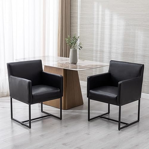 Miniatura 4 de Wahson Juego de 2 sillas de comedor modernas tapizadas de piel sintética con brazo, sillas de cocina contemporáneas con base de metal dorado, piel