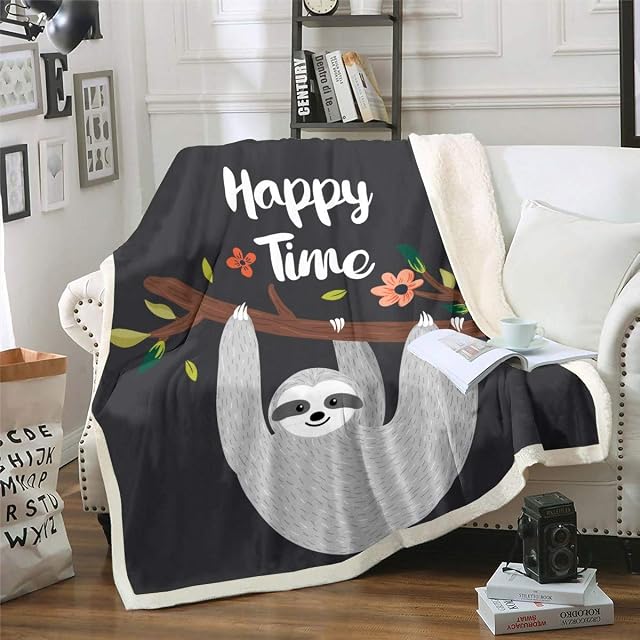 Loussiesd Cartoon Sloth Fleece Blanket Cute Animal Pattern Blanket Tree Branches Sherpa Blanket for Couch Travel Sofa Floral Flowers Plush Throw Blanket Room Decor Fuzzy Blanket King 79"x90"