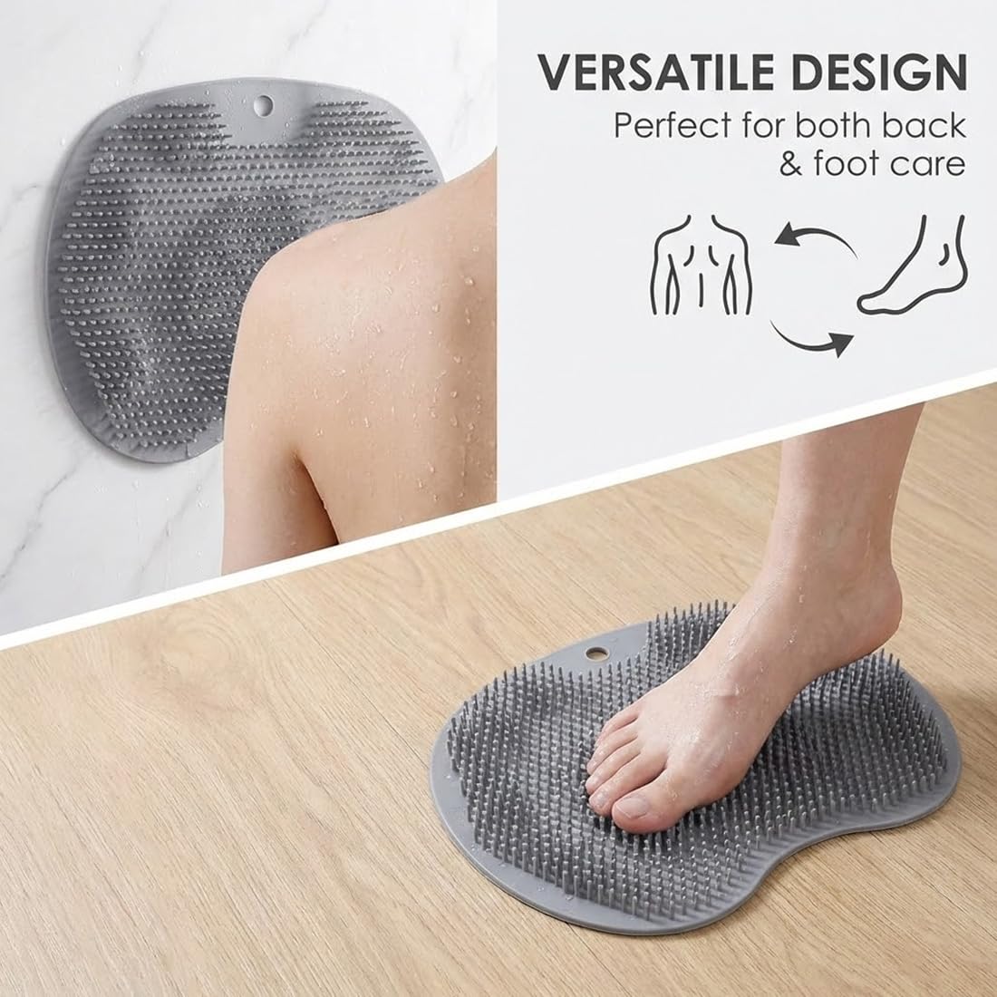 Massaggiatore Piedi e Schiena in Silicone per Doccia, Tappetino Lavapiedi con Ventose, Spazzola Esfoliante Antiscivolo per Cura Piedi e Relax, Grigio.