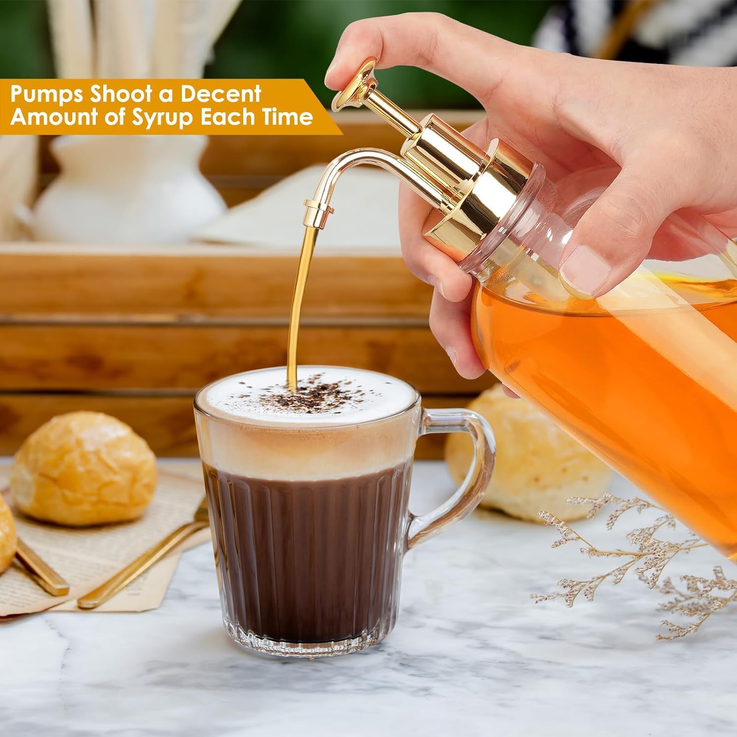 Jatnsefo 2 Pack 16.9 Oz Coffee Syrup Dispenser for Coffee Bar, 500ml Syrup Pump Dispenser, Glass Syrup Bottle w. Gold Upgraded Pump and 36 Labels, Coffee Bar Accessories Syrup Bottle