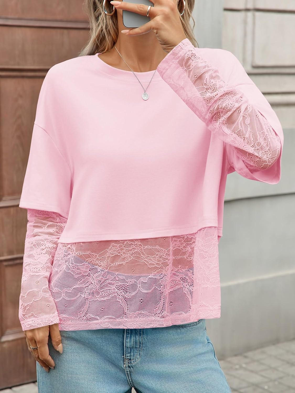 Tankaneo Womens Lace Long Sleeve Crop Top 2025 Crewneck Mesh T Shirts Casual Trendy Tops - Image 3