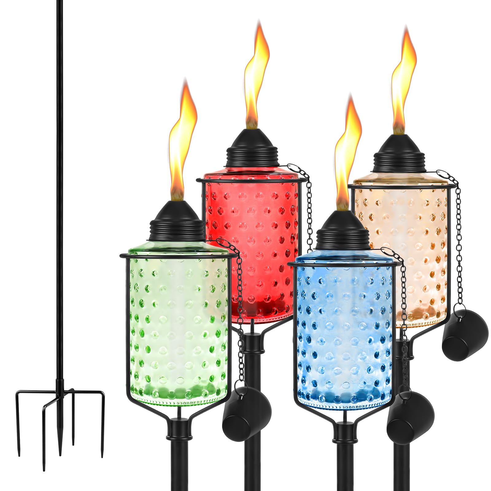 Lot de 4 torches de jardin en verre coloré avec support réglable en hauteur, torches à la citronnelle pour l'extérieur avec piquet à 5 broches, lampe torche rechargeable pour cour, jardin