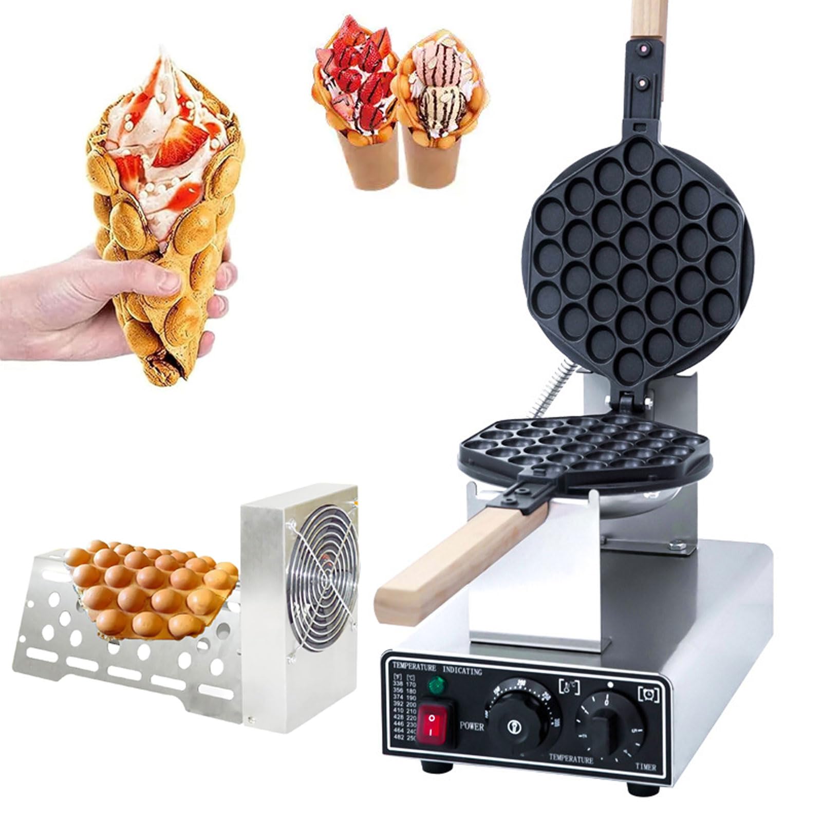 AYCDL Commercial Bubble Waffle Maker, Electric Stainless Steel with Blower, 180° Rotating, for Restaurant Kitchen Snack Bar