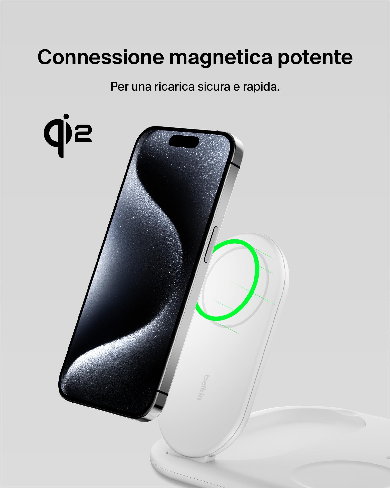 Belkin BoostCharge Caricabatteria magnetico pieghevole 3 in 1 con Qi2 da 15 W, Caricatore rapido compatibile con MagSafe, Apple iPhone 17, Air, Pixelsnap, Apple Watch ed AirPods, alimentatore - Bianco