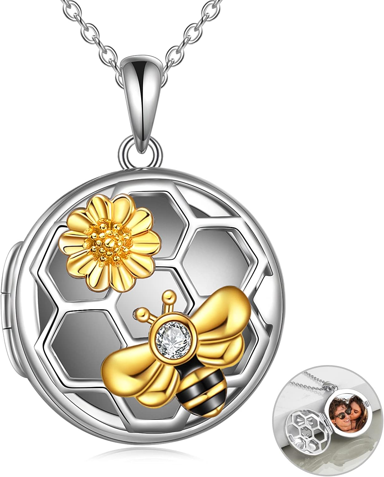 YAFEINISunflower Heart Locket Necklace That Holds Pictures, Picture Locket Necklace Girls Bee Locket Necklace That Holds Pictures for Mother Daughter