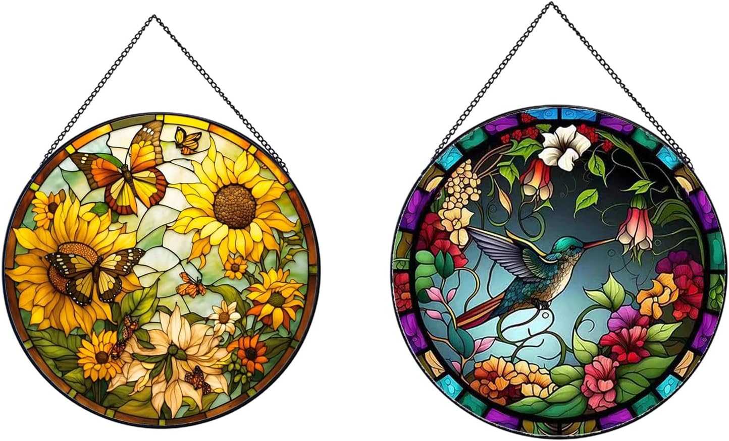 Sunflower+Hummingbirds Hanging Stained Glass Suncatcher for Windows,20cm/7.87inch Hand-Painted Sun Catcher Garden Hangings Christmas Mother's Day, Valentine's Day Ornaments Festival Gift(2Pcs)