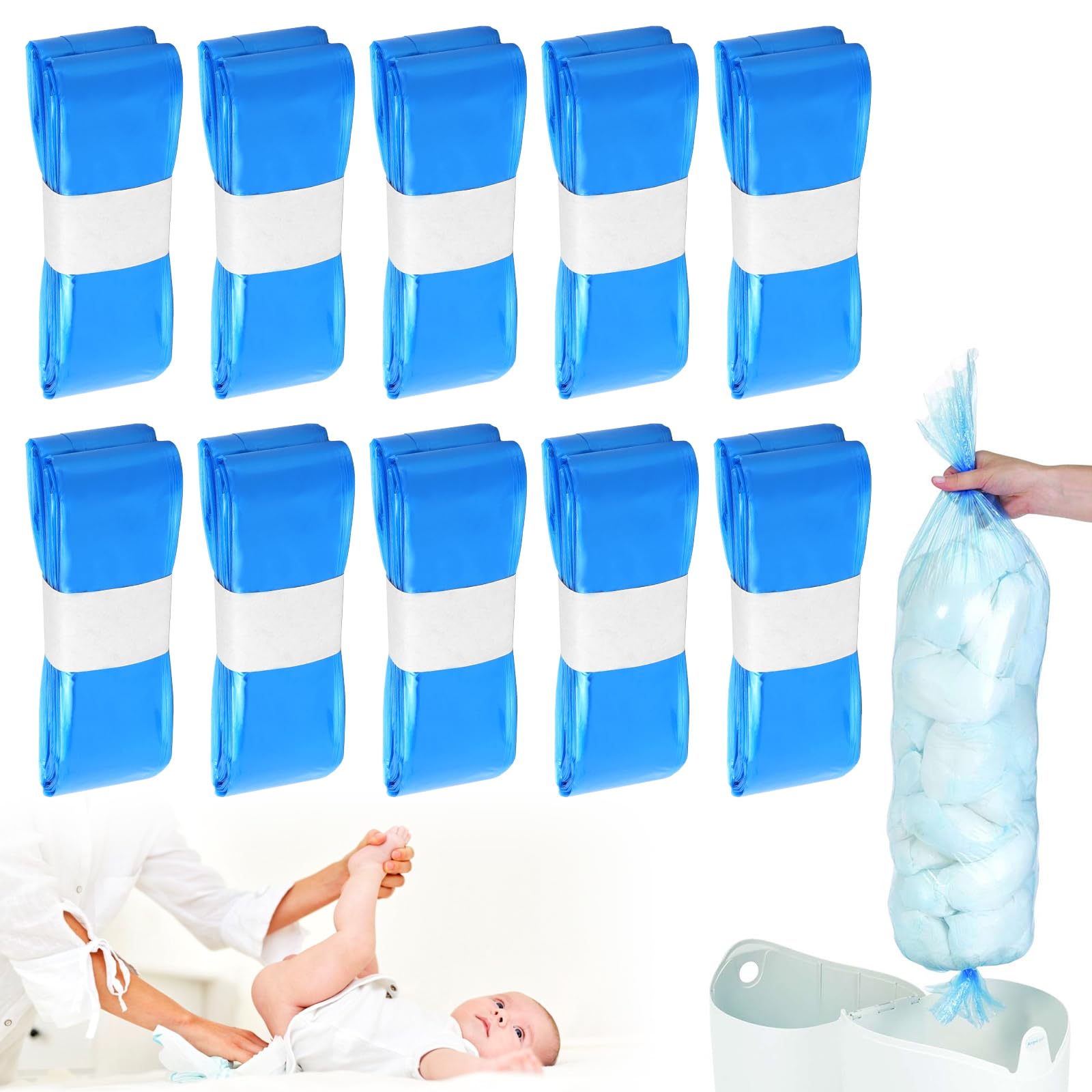 Lot de 10 Recharges pour Poubelle à Couches, 4,5M Sac Poubelle Couche, Recharge Poubelle bébé, Sacs de Recharge Anti-odeur, Sac Poubelle Couche, Bleu