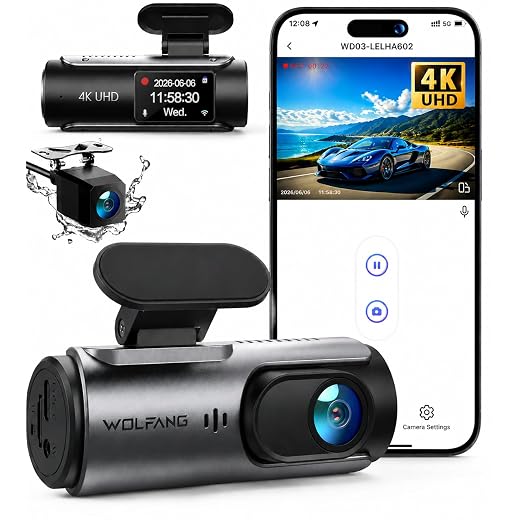 WOLFANG Cámara de Coche Delantera y Trasera 4K UHD, Dashcam de Doble Lente para Coches de 170º Gran Angular Monitor de Aparcamiento 24H con Grabación en Bucle y Sensor G