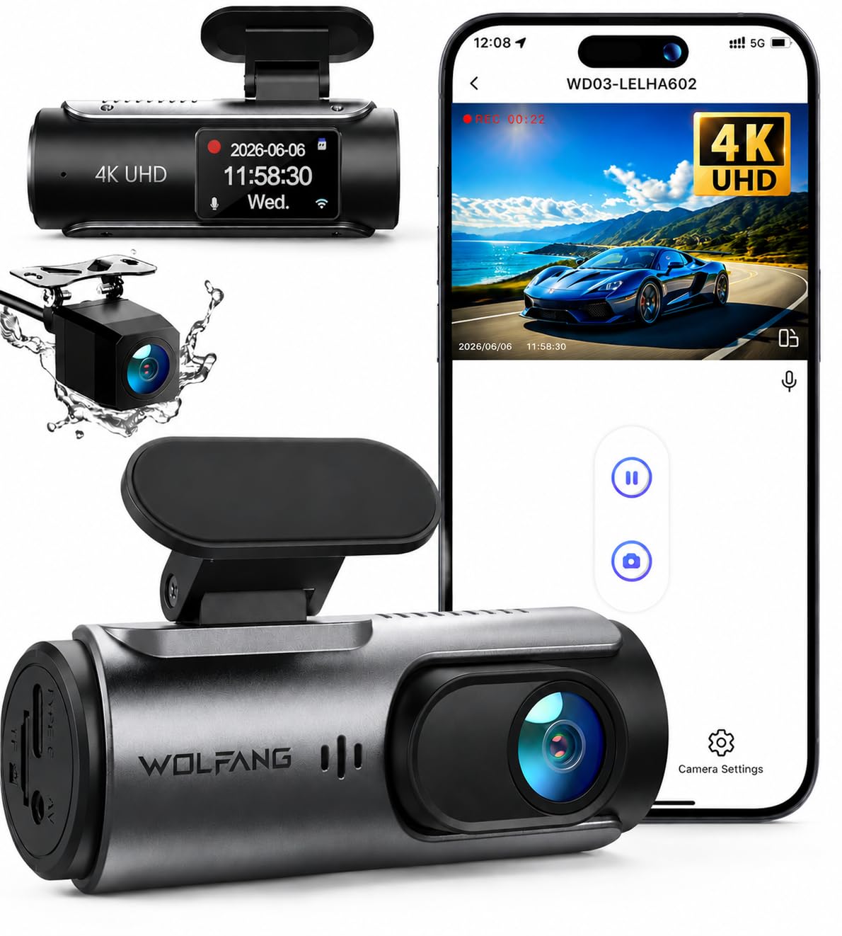 Kamera samochodowa WOLFANG 4K przednia i tylna kamera samochodowa Wi-Fi, podwójna kamera samochodowa z noktowizorem, nagrywanie w pętli, czujnik G, szeroki kąt 170, osłona parkowania