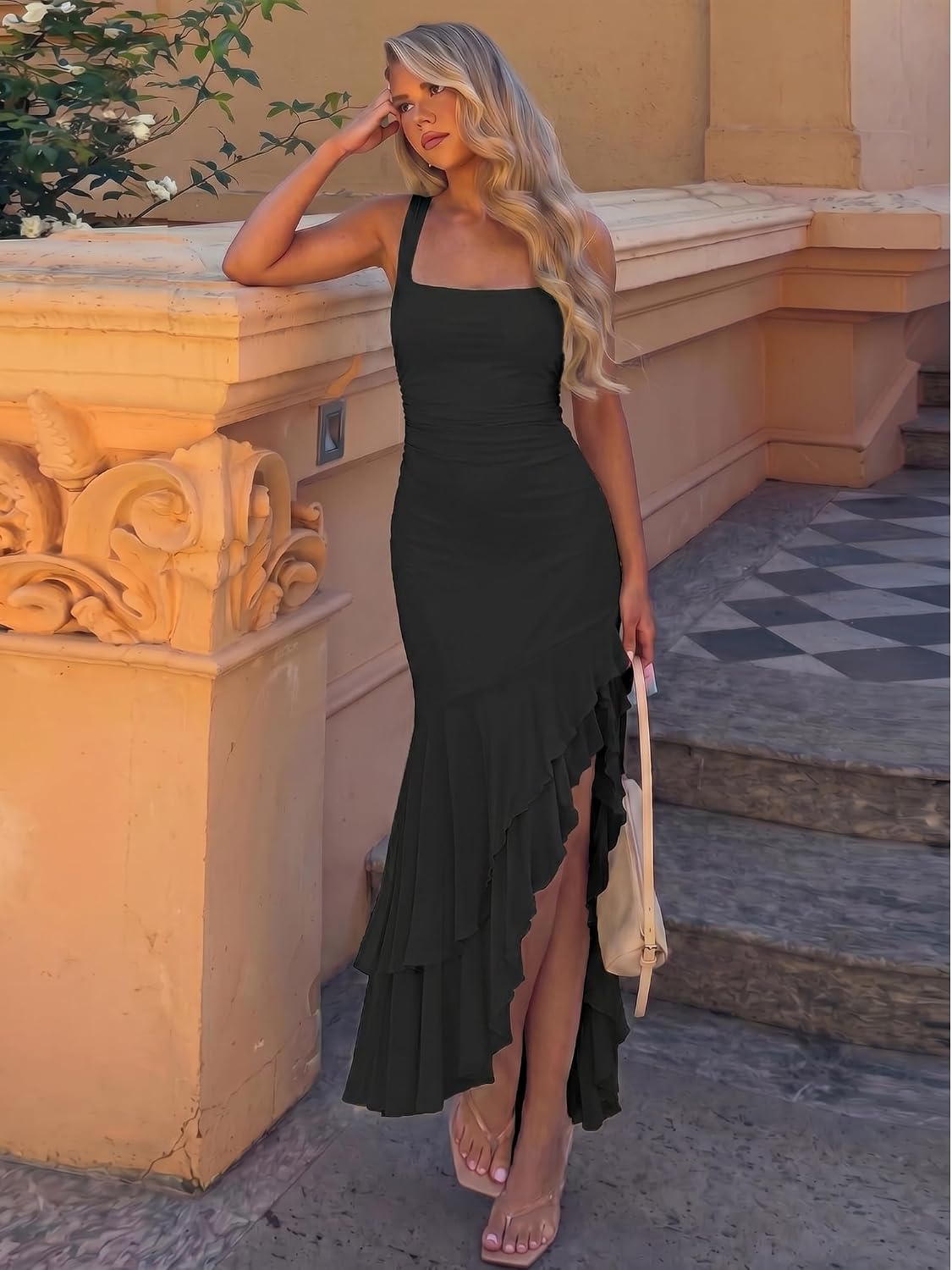 BORIFLORS Women's Elegant Bodycon Ruched Maxi Cocktail Dress Mesh Sleeveless Mermaid Ruffle Beach Wedding Guest Long Dresses thumbnail