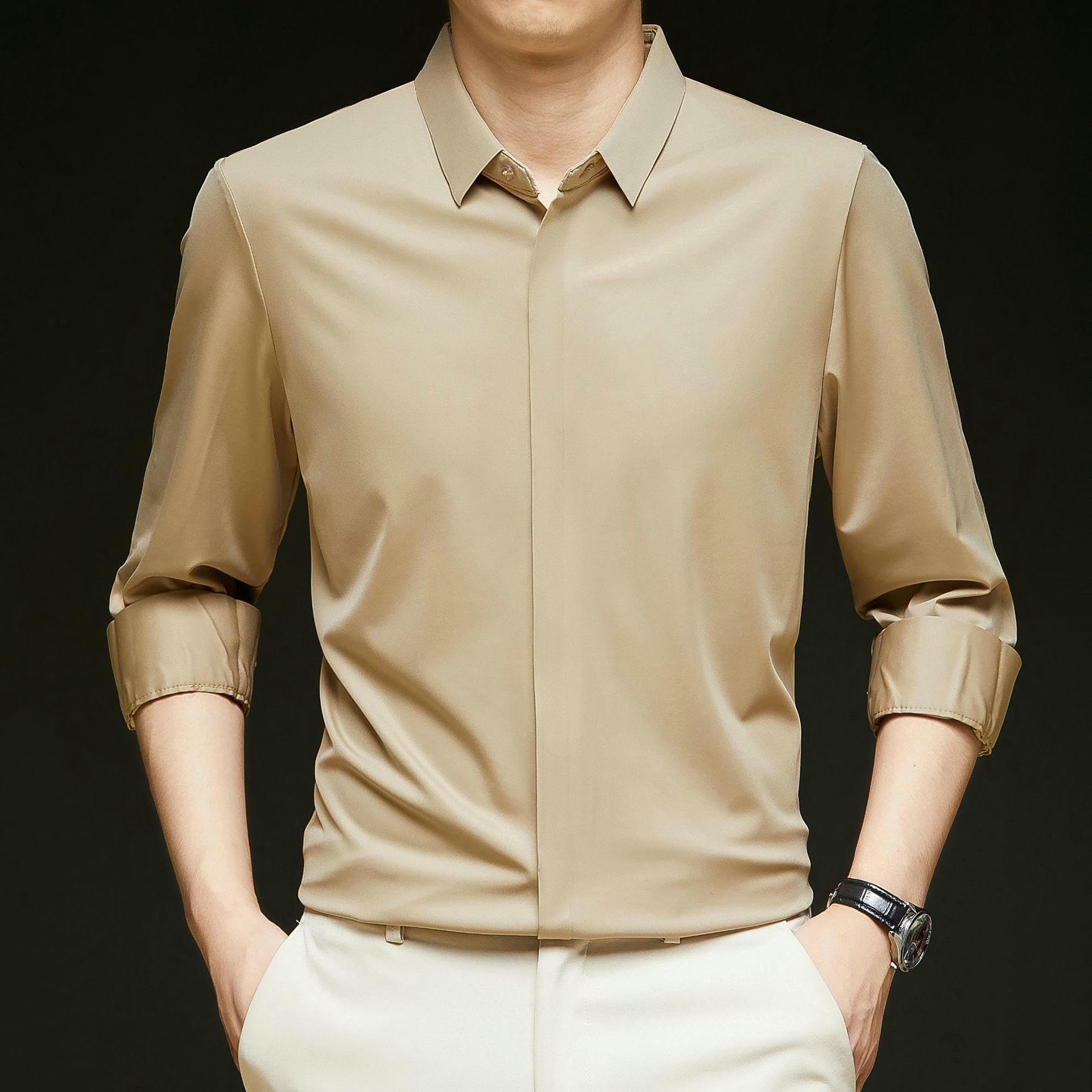Camisa de manga larga para hombre, para primavera, otoño, color liso, con solapa, seda, sin costuras, informal, elástica, para hombre