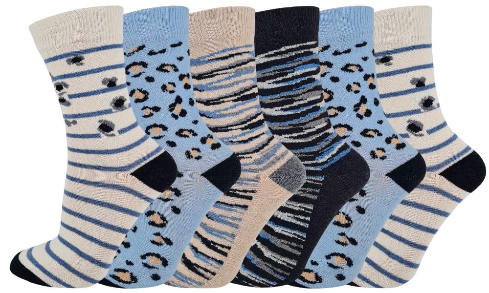 Ladies Womens Ankle Socks Cotton Rich Funky Designs Multipack Of 6 Pairs Size 4-8 (UK, Numeric, 4, 8, Regular, Regular, Blue Leopard)