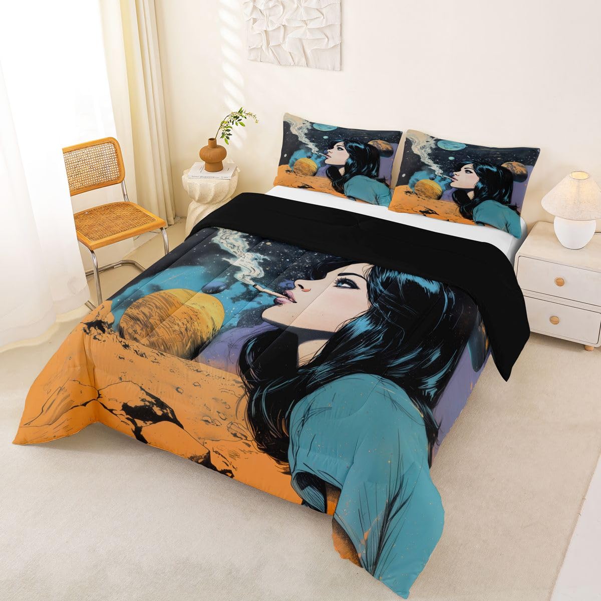 Homewish Kreskówka Kobieta King Size Zestaw Kołdry - Sci-Fi Kosmos Planeta Zestaw Pościeli Fantasy Komiks Kołdra Zestaw - Złoty Niebieski Retro Moda Galaktyka Bez Poszwa Kołdra