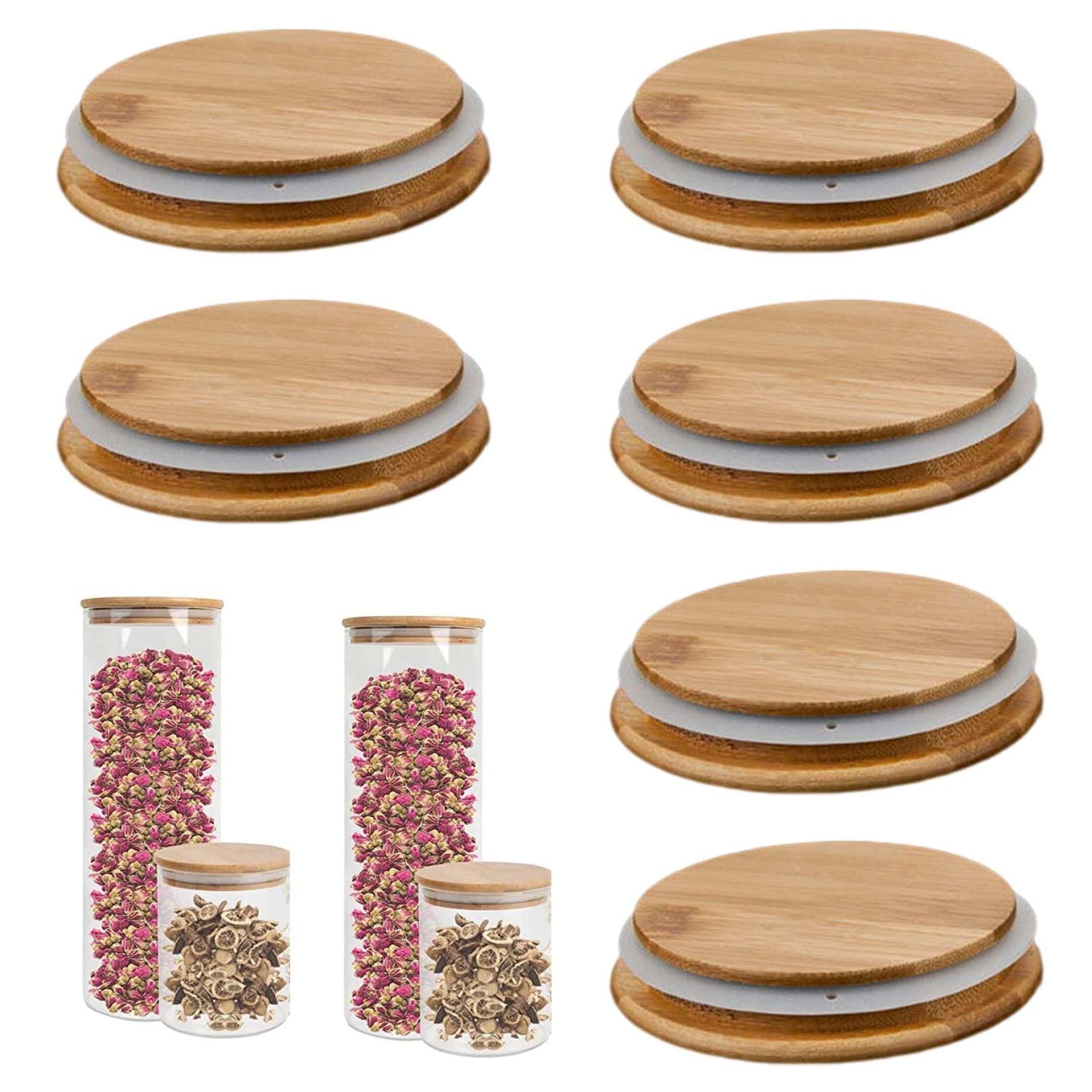 Wooden Mug Lids Jars Lids with Silicone Sealing Airtight Glass Storage Lids for Gu Pot Jars 6PCS