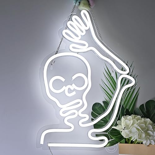 Miniatura 6 de Britrio Decoración de Halloween con diseño de calavera de Halloween, letrero de neón LED, esqueleto para pared, luz decorativa para ventana,