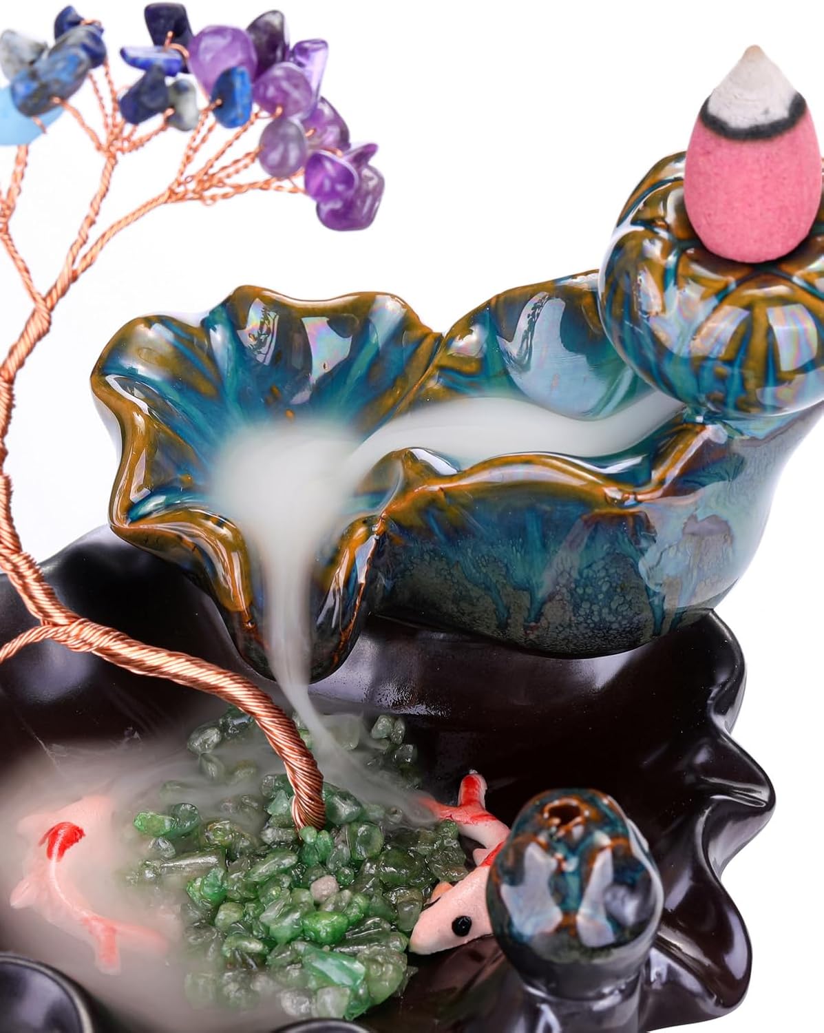 Jovivi Backflow Incense Burner Ceramic Incense Waterfall,7 Chakra Stones Healing Crystal Money Tree Incense Holder for Wealth, Good Luck, Yoga Meditation, Home Decor