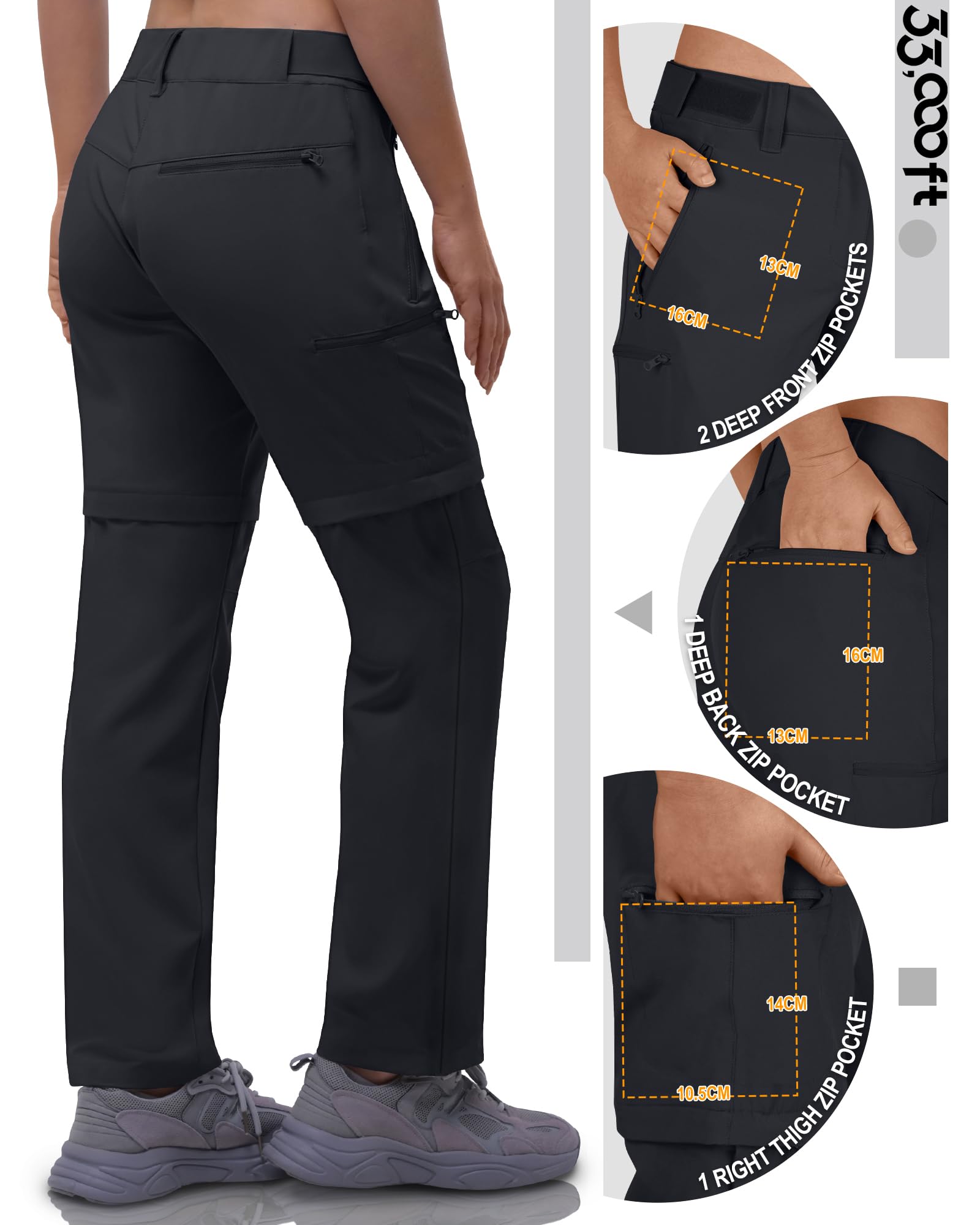 33,000ft Damen Zip Off Wanderhose, Atmungsaktiv Trekkinghose Schnell Trockend Stretch Abnehmbar Zip-Off Outdoorhose Sommer Arbeitshose Funktionshose