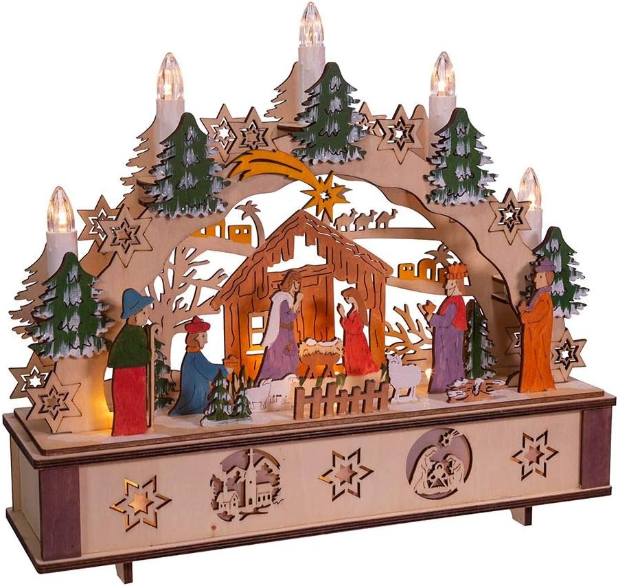 11-Inch Battery-Operated Light-Up Wooden Nativity Scene with Candles