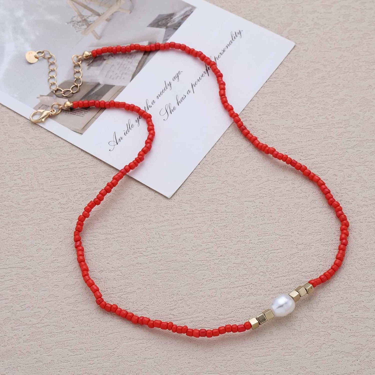 Boho Small Seed Bead Choker Necklace White Rice Beads Collar Necklace Single Pearl Clavicle Necklaces Short Beaded Chain Necklaces Jewelry for Women - Image 6
