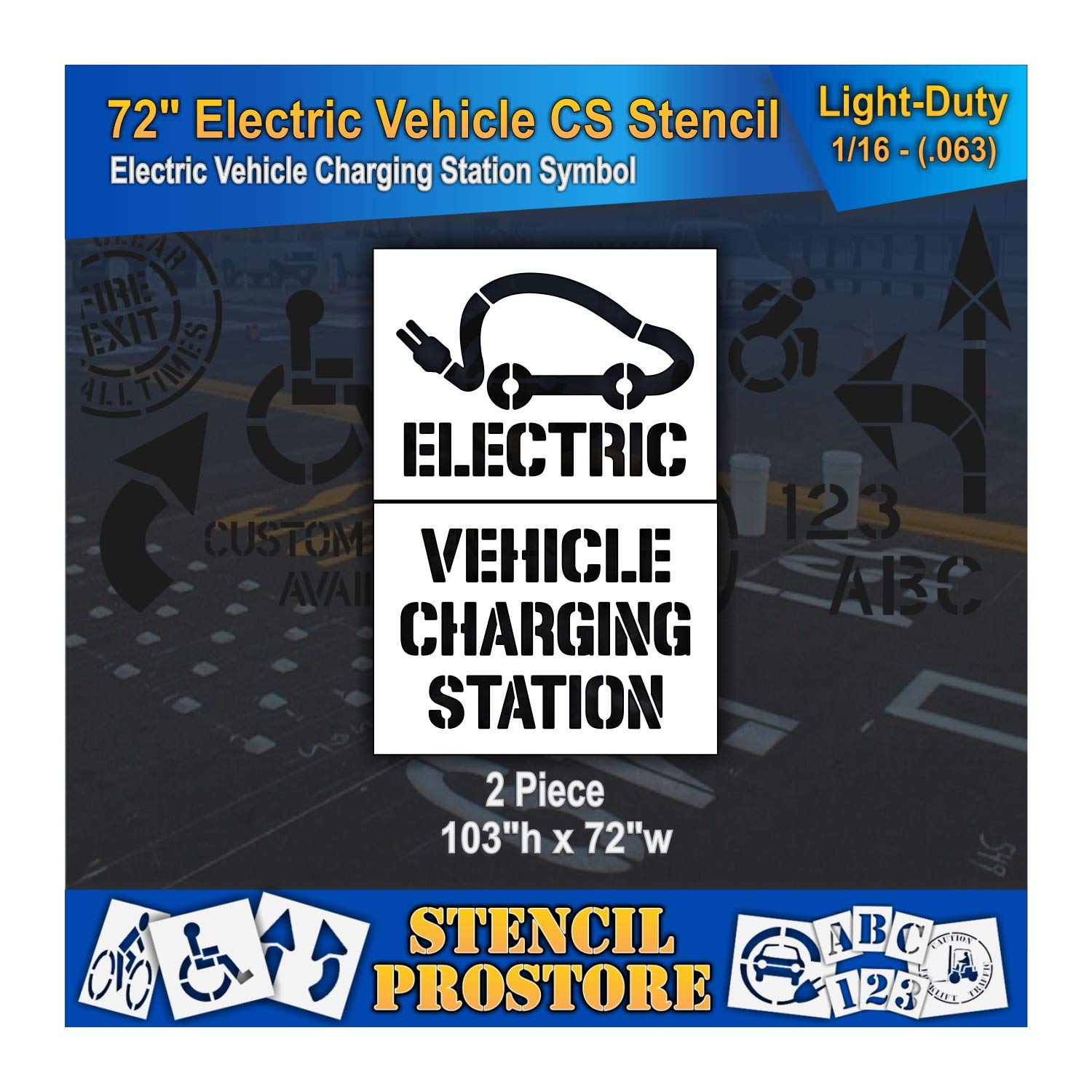 Pavement Stencils - 5 ft - Car Plug Outline with Electric Words - 48'' x 71'' x 1/16" (63 mil) - Light-Duty