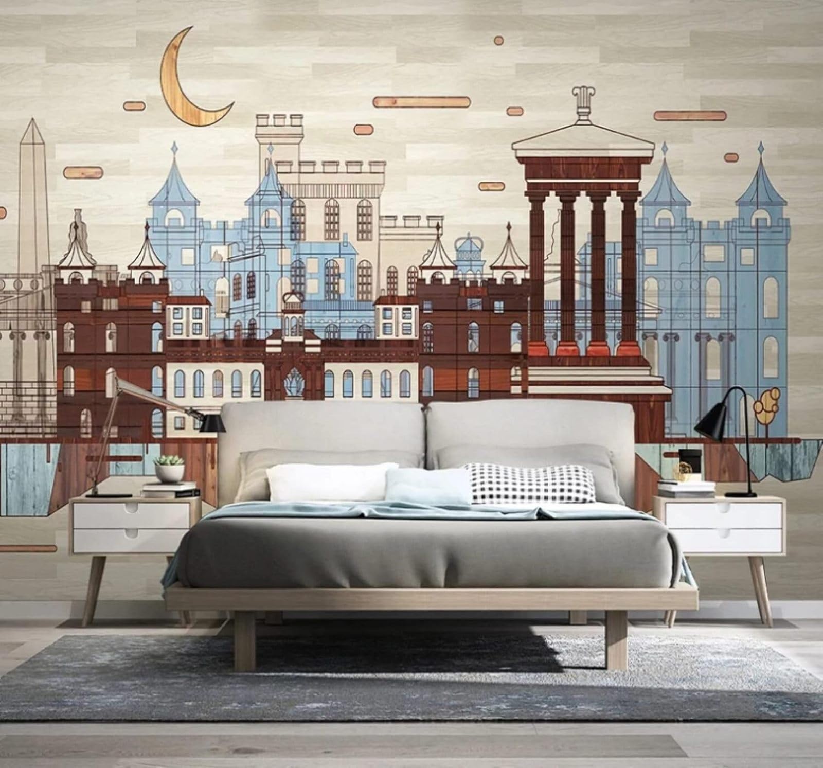 Hand Drawn City Architecture Vintage Wood Grain Unique 3D Wallpaper Easy Install Feature Office Living Room Sofa Bedroom TV Background Wall Decoration-430cm×300cm