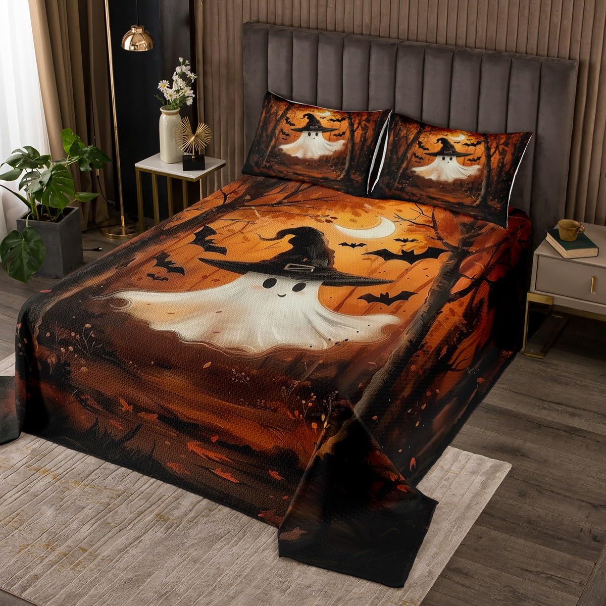 Halloween Ghost Coverlet Set Twin Size,Autumn Jungle Moon Trees Maple Leaves Quilted Coverlet for Kids Teens,Cute Ghost Bats Trippy Orange Bedspread 2 Piece Quilt Set with 1 Pillow