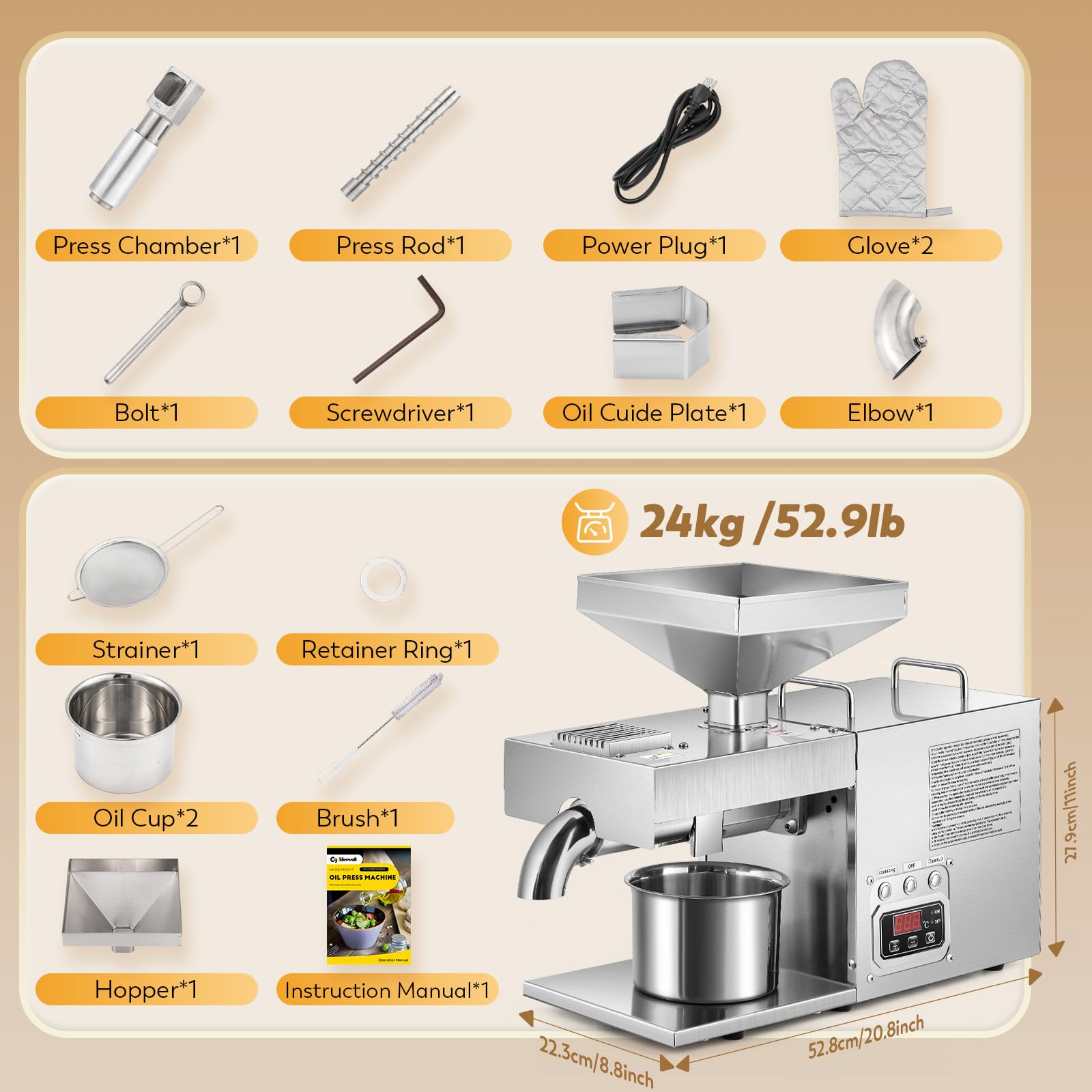CGOLDENWALL Presse à huile commerciale 3000 W avec contrôleur de température intelligent, moteur industriel, tout en acier inoxydable (3000 W)