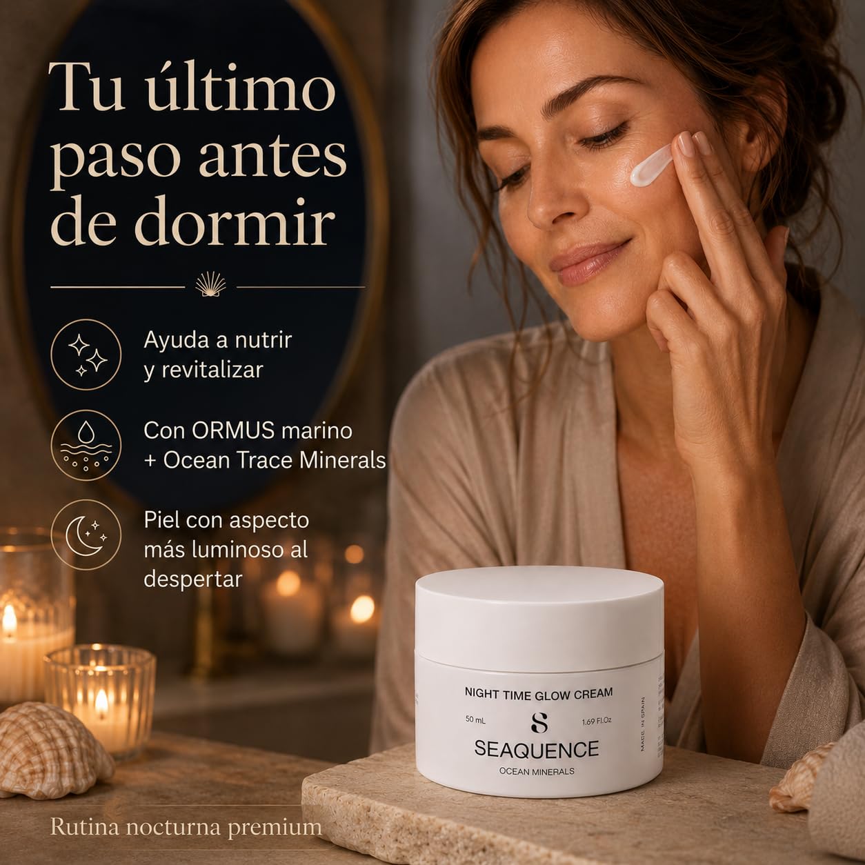 SEAQUENCE Night Time Glow Cream – Crema Facial de Noche con Retinol Liposomado, Hydra 5 Super HA y ORMUS Marino con 71 Elementos – Hidratación, Elasticidad y Luminosidad – 50 ml
