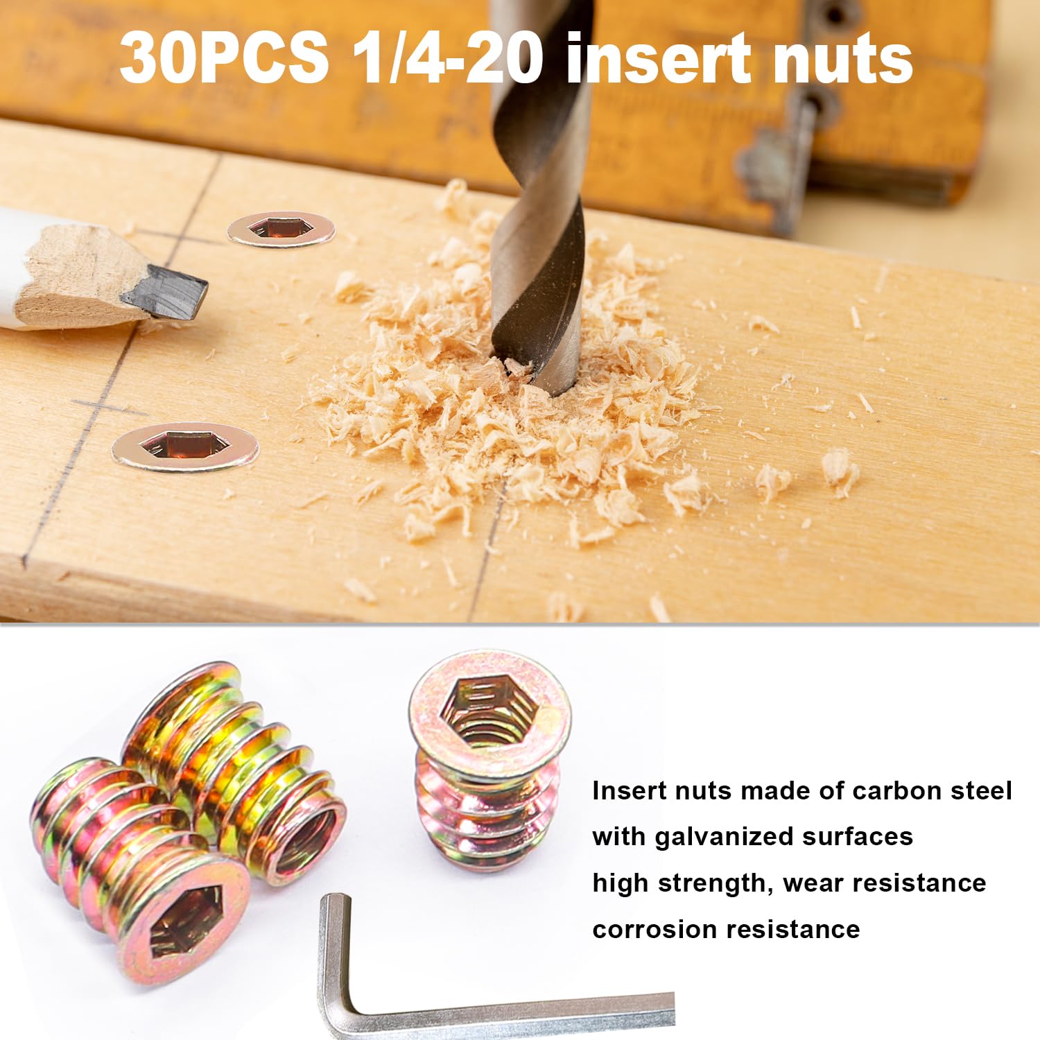 Taiss 30 Sets Threaded Inserts for Wood Furniture Screws 1/4-20 x 3/4",1/4-20 x 19/32" Nut Threaded Wood Inserts Bolt Fastener Connector Hex Socket Drive Screw-in Nuts with Hex Spanner