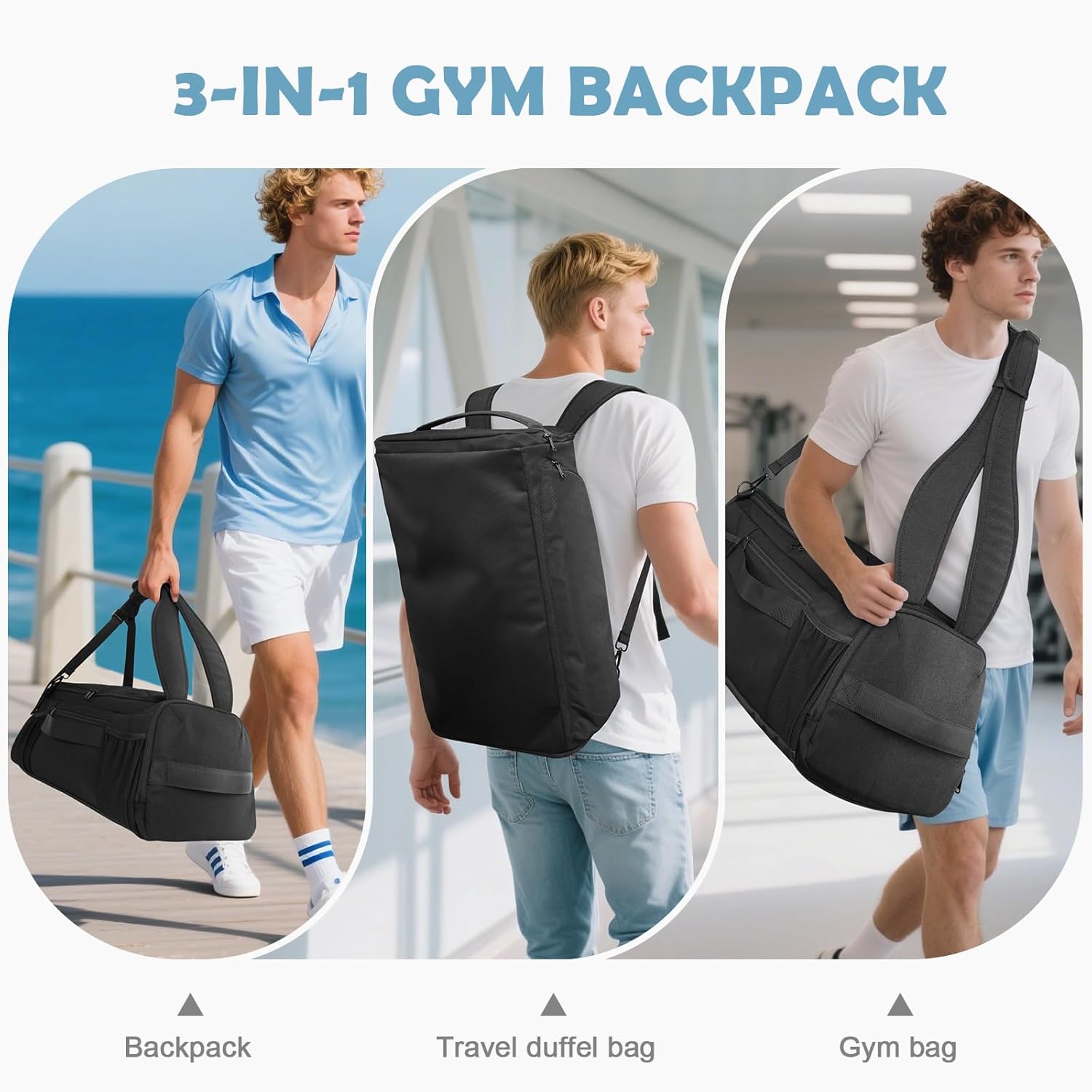 Gym Bag for Women Men, Duffle Travel Bag with Shoes Compartment and Wet Pocket, Waterproof Overnight Carry On Bag Backpack with Two Elastic Bottle Holders for Travel, Workout, Sports, Weekend - MIYCOO Style3 - Black 42L image 6 of 7 B0FCMKHRM8