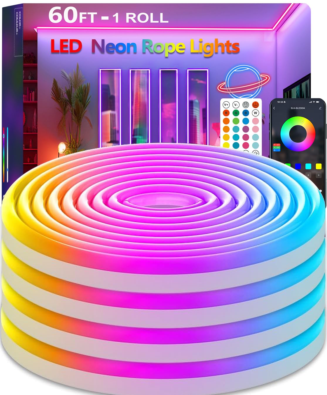 httpsmp 18m Neon Rope Light, Flexible Led Lights Control with App/Remote, Multiple Modes, IP65 Outdoor Waterproof