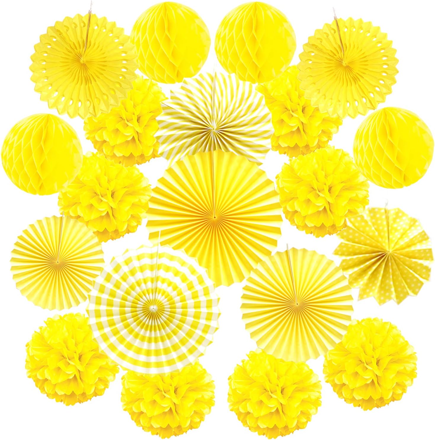 ZERODECO Hanging Paper Fan Set, Tissue Paper Pom Poms Flower Fan and Honeycomb Balls for Birthday Baby Shower Wedding Festival Decorations - Yellow