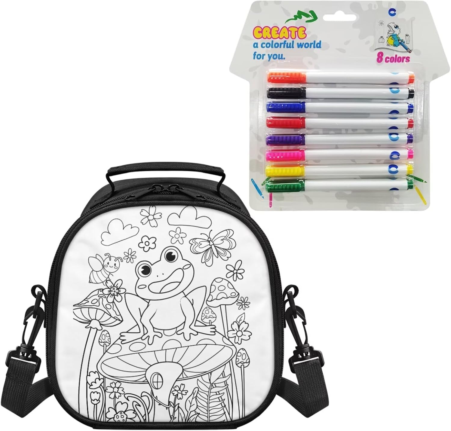 Cute Frog Color Your Own Lunch Bag with 8 Pcs Markers Mushroom DIY Lunch Bag with Shoulder Strap for Girls & Boys, Creative Arts & Crafts Activity, Fun Gift