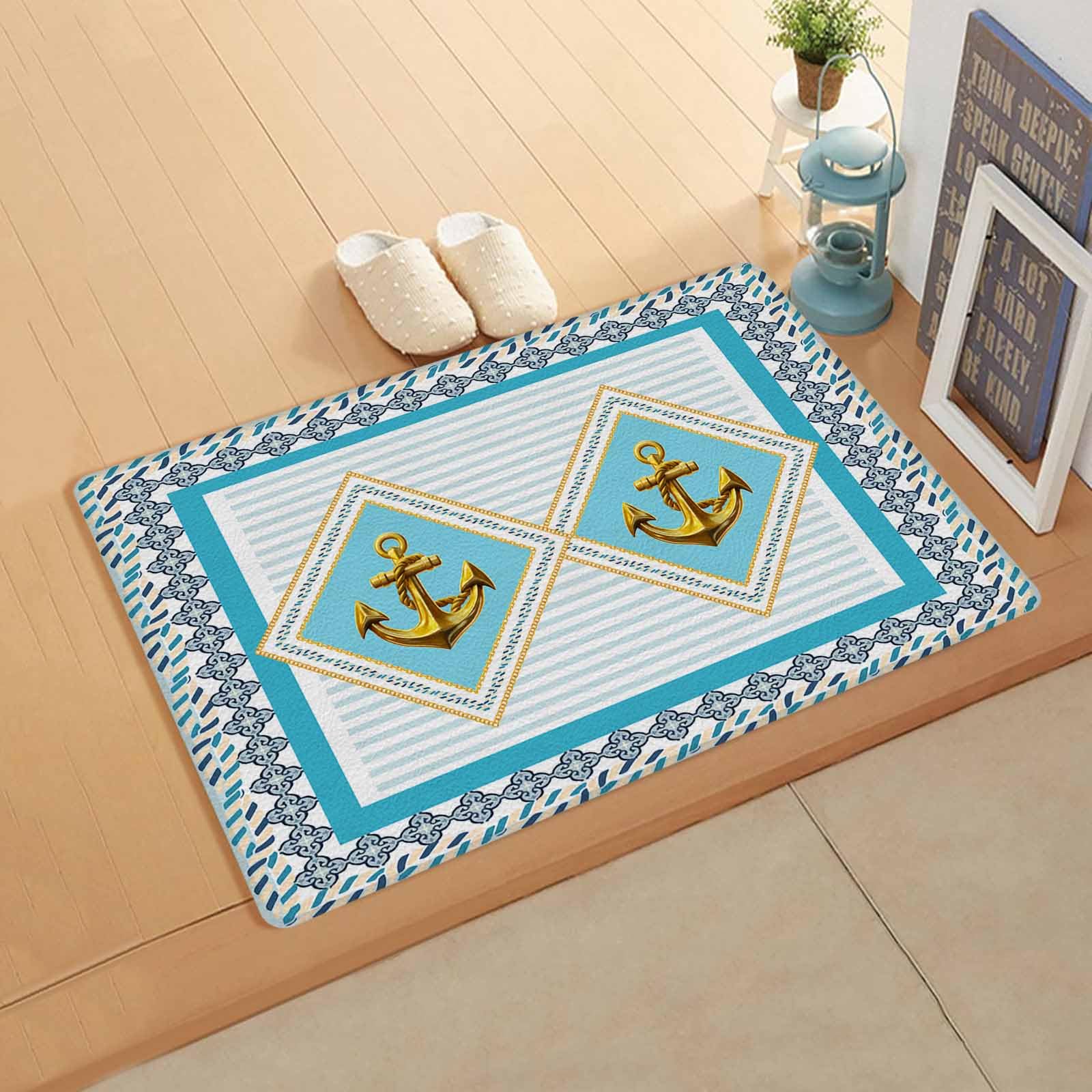 Gold Nautical Anchor Antifatigue Kitchen Bath Door Mat Cushioned Runner Rug,Washable Welcome Floor Sink Mat,Waterproof & Non-Slip Kitchen Standing Doormat,Summer Beach Coastal Geometric Stripe 20