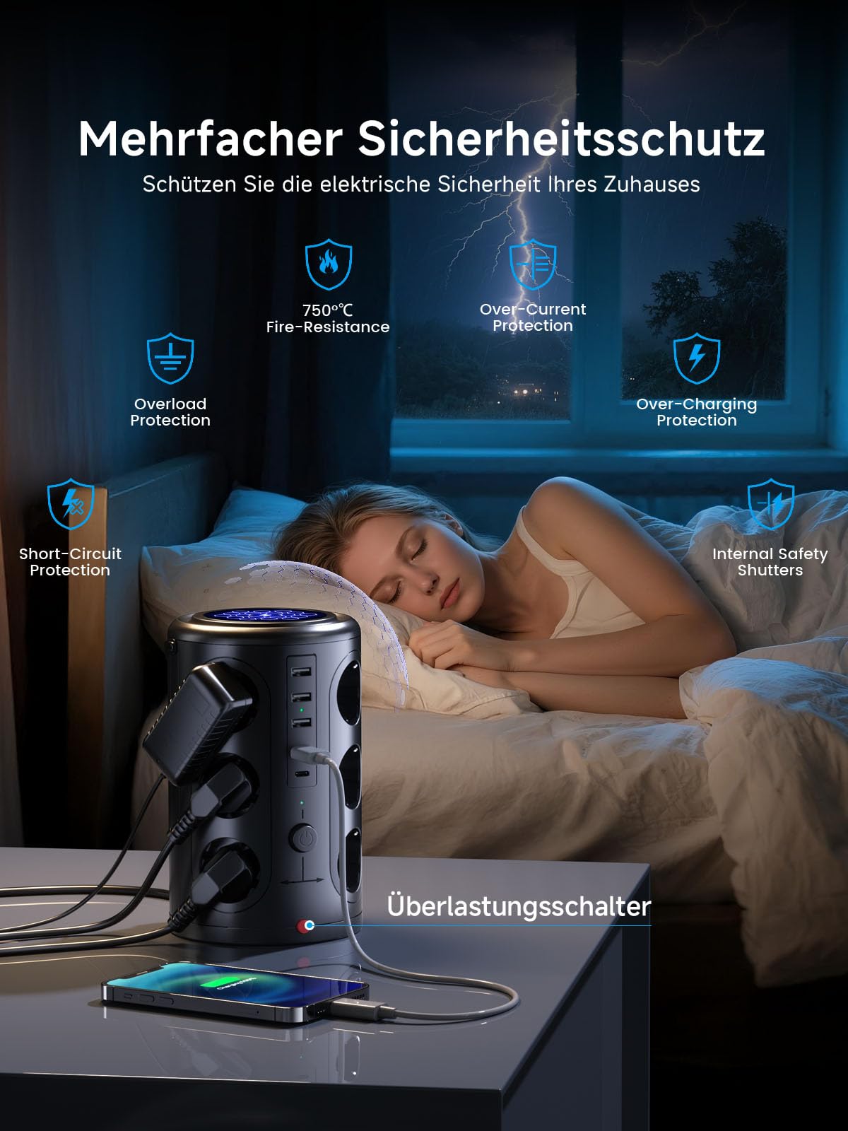 Mehrfachsteckdose mit 5 USB, 12 Fach Steckdosenleiste mit Schaltbar Überspannungsschutz, 5M Verlängerungskabel Steckdosenturm Mehrfachstecker für Zuhause, Büro Schwarz