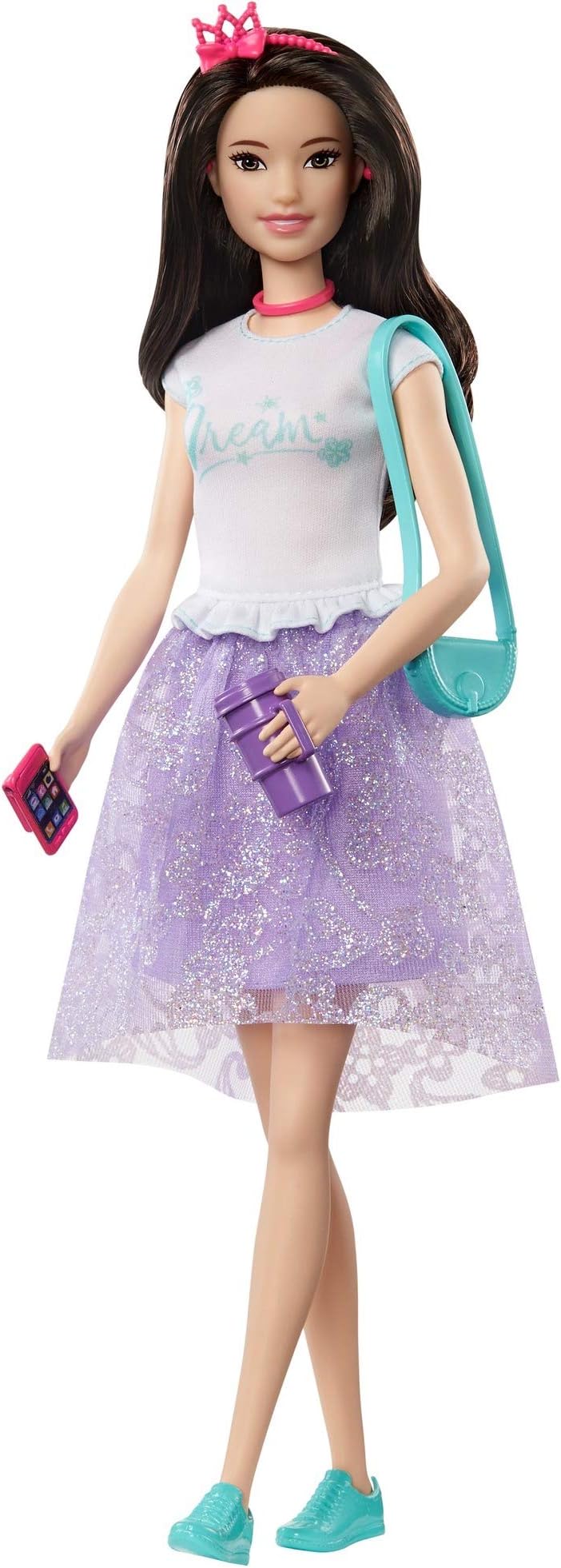 Princess Adventure Renee Doll (12-inch Brunette) in Fashion and Accessories, with Smart Phone, Purse, Travel Mug and Tiara, Gift for 3 to 7 Year Olds