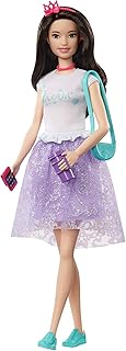 Barbie Princess Adventure Renee Doll (12-inch Brunette) in Fashion and Accessories, with Smart Phone, Purse, Travel Mug and Tiara, Gift for 3 to 7 Year Olds